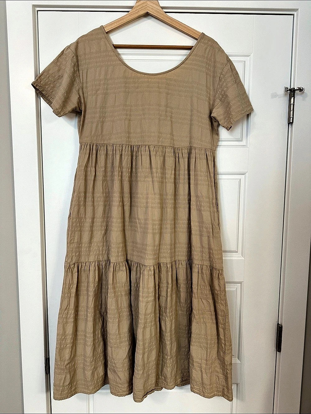 Oak + Fort Tiered Midi Dress Plaid Cotton Maxi Dress in Brown Small - Picture 3 of 6